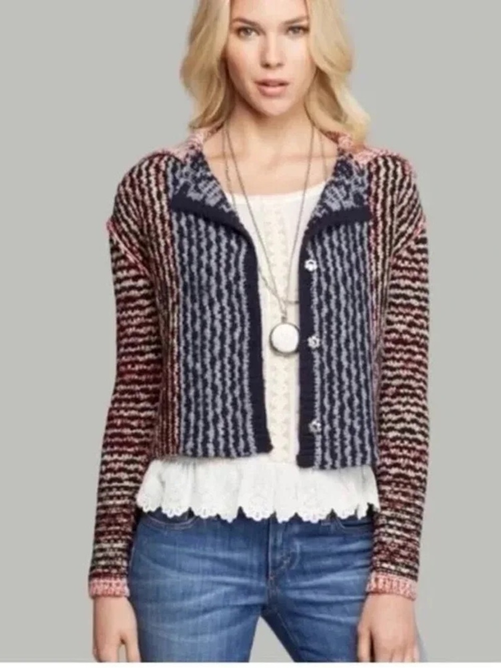 Free People Vintage Split Back Wool Blend Cardigan Navy Burgundy snap front S